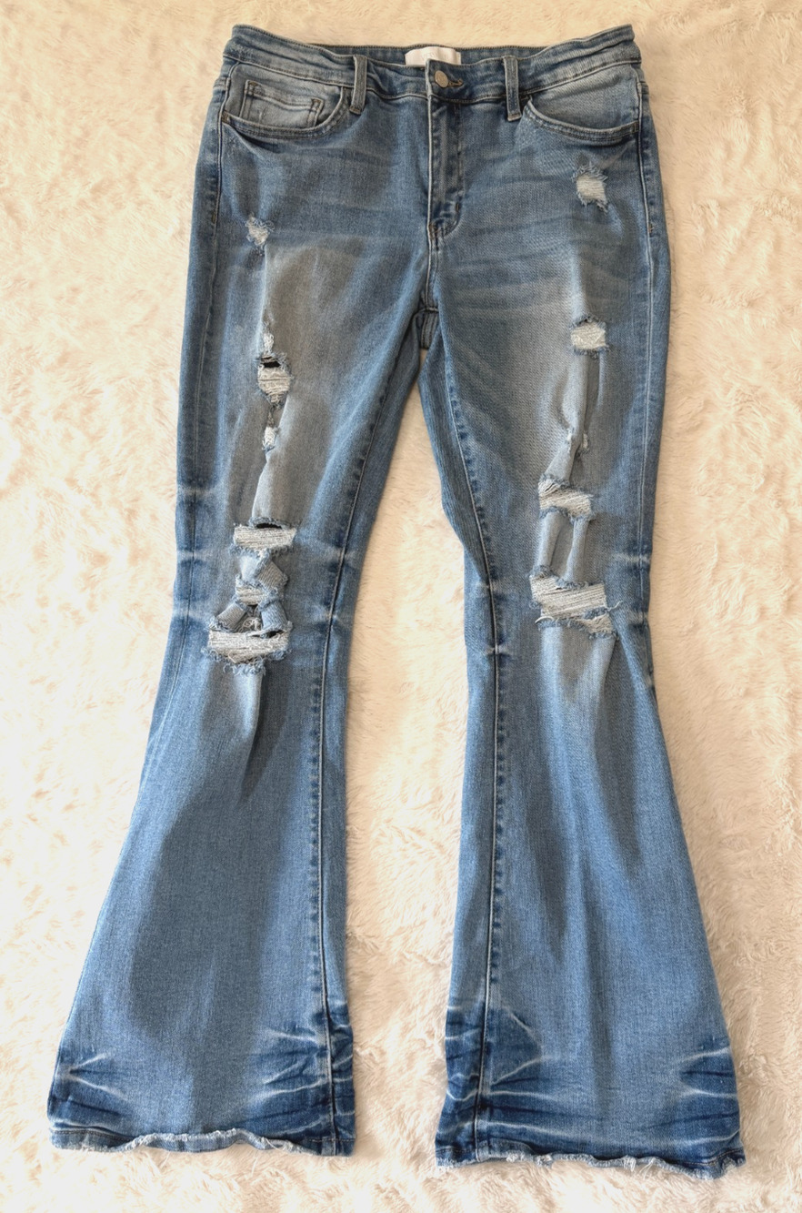 Vervet Blue Womens Size 32 Distressed Flare Jeans Light Wash Stretch Denim